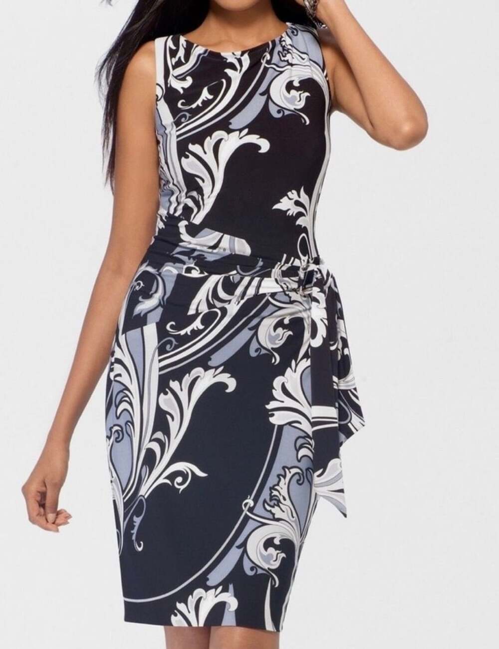 Cache Scroll Print Sheath Dress Size XS Black Blue Silver Side Tie Sleeveless